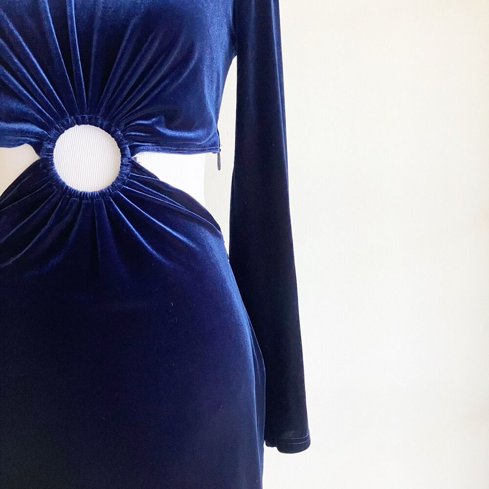 Ronny Kobo Navy Velvet Midi Dress XS Long Sleeve Cutout Mock Neck Party Cocktail - Picture 5 of 8
